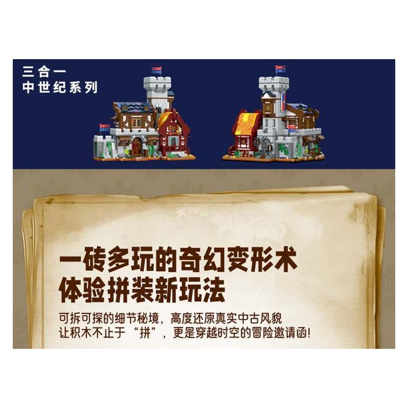 XMORK 20207 Medieval Castle Town Xếp hình lắp ráp ghép mô hình Chế độ xem phố 3 trong 1 của Thị trấn Lâu đài thời Trung cổ