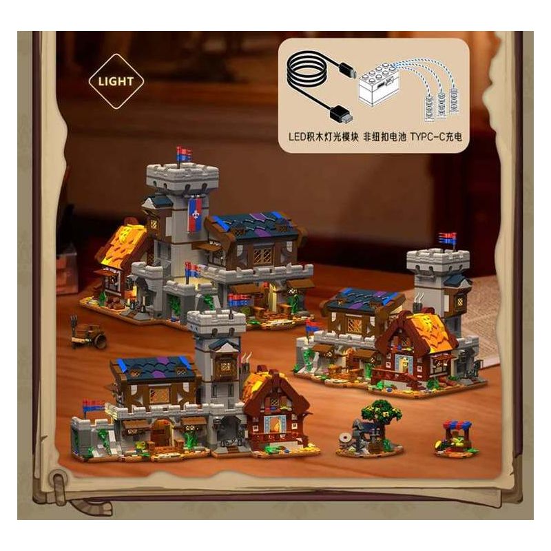 XMORK 20207 Medieval Castle Town Xếp hình lắp ráp ghép mô hình Chế độ xem phố 3 trong 1 của Thị trấn Lâu đài thời Trung cổ