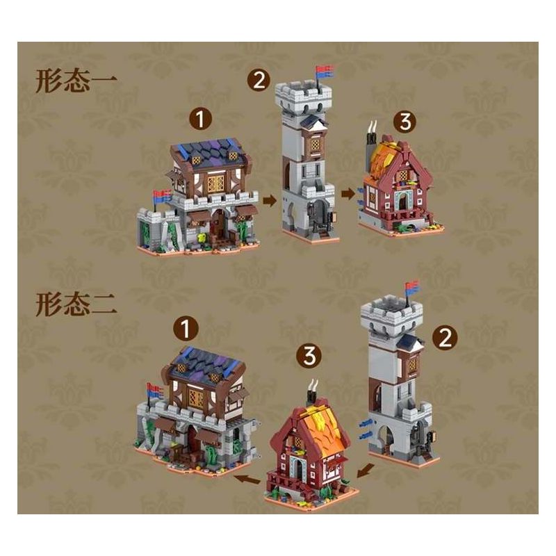 XMORK 20207 Medieval Castle Town Xếp hình lắp ráp ghép mô hình Chế độ xem phố 3 trong 1 của Thị trấn Lâu đài thời Trung cổ