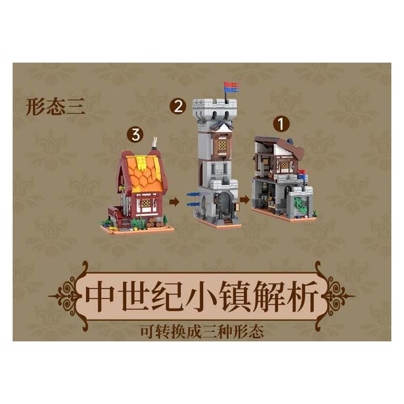 XMORK 20207 Medieval Castle Town Xếp hình lắp ráp ghép mô hình Chế độ xem phố 3 trong 1 của Thị trấn Lâu đài thời Trung cổ
