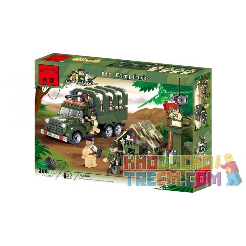 Enlighten 811 Qman 811 non  XE TẢI CHỞ QUÂN LÍNH 3 TRONG 1 bộ đồ chơi xếp lắp ráp ghép mô hình Military Army COMBATZONES CARRY TRUCK Quân Sự Bộ Đội 308 khối