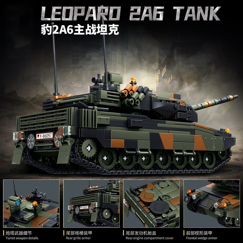 Le Yi 66097 Leoparo 2A6 Tank Xếp hình lắp ráp ghép mô hình Xe tăng chiến đấu chủ lực Leopard 2A6