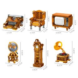 JIESTAR 57033 Victorian Vintage Furniture Xếp hình lắp ráp ghép mô hình 6 loại đồ nội thất theo phong cách cổ điển Victoria: máy đánh chữ, ghế sofa da đơn, TV, quả địa cầu, đồng hồ sàn, máy hát