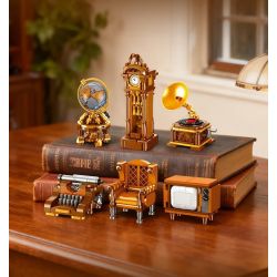 JIESTAR 57033 Victorian Vintage Furniture Xếp hình lắp ráp ghép mô hình 6 loại đồ nội thất theo phong cách cổ điển Victoria: máy đánh chữ, ghế sofa da đơn, TV, quả địa cầu, đồng hồ sàn, máy hát