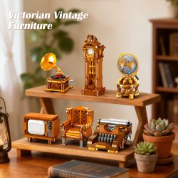 JIESTAR 57033 Victorian Vintage Furniture Xếp hình lắp ráp ghép mô hình 6 loại đồ nội thất theo phong cách cổ điển Victoria: máy đánh chữ, ghế sofa da đơn, TV, quả địa cầu, đồng hồ sàn, máy hát
