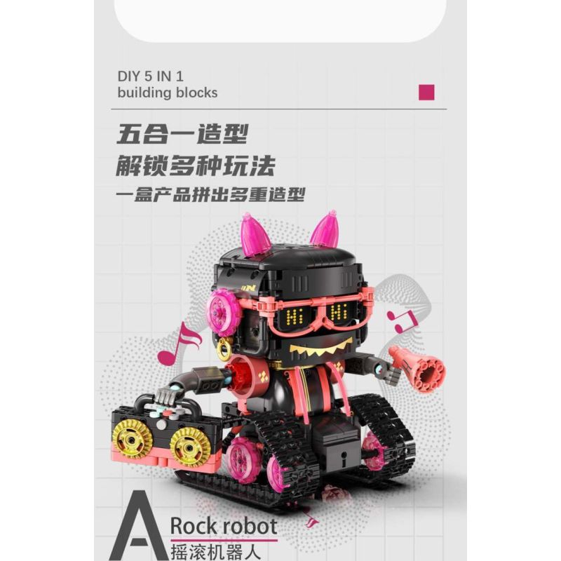 No license PL012 Xếp hình lắp ráp ghép mô hình Mèo âm nhạc biến thành robot 5 trong 1