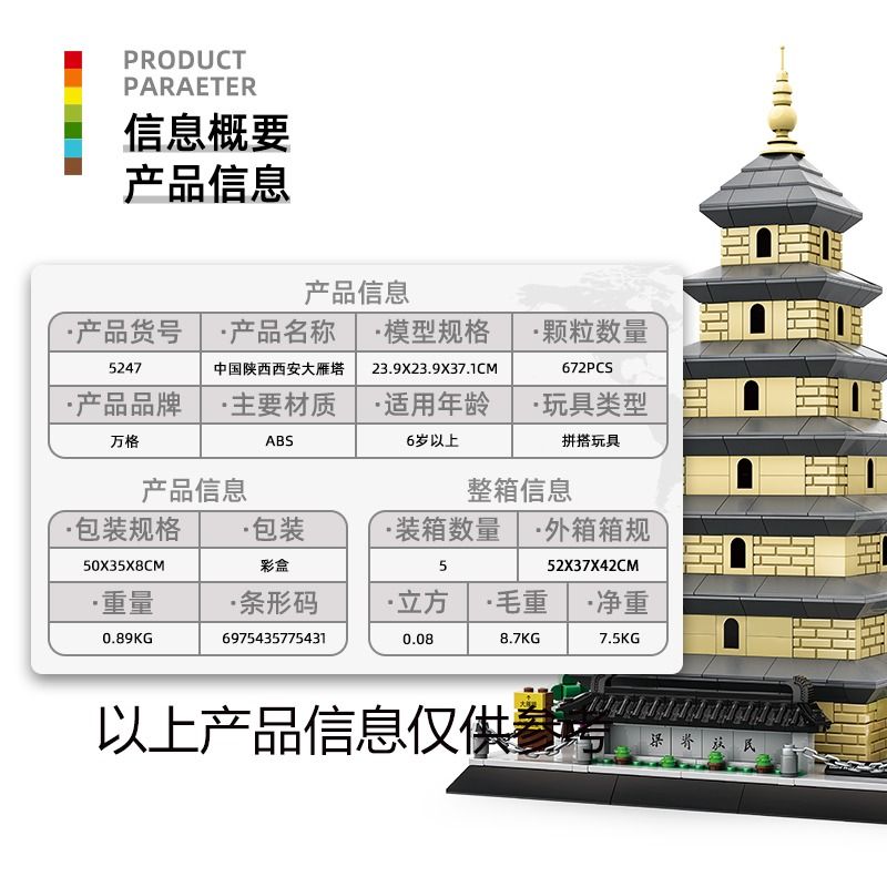 WANGE LIGAO Dr.Luck 5247 Giant Wild Goose Pagoda Xếp hình lắp ráp ghép mô hình Chùa Ngỗng Hoang Lớn ở Tây An, Thiểm Tây, Trung Quốc