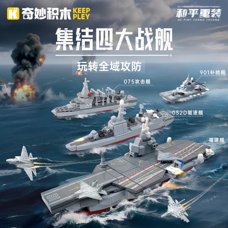 Keeppley 25009 Xếp hình lắp ráp ghép mô hình Hòa Bình Tải Lại: 4 loại đội hình hàng hải: tàu Phúc Kiến, tàu khu trục 052D, tàu tấn công 075, tàu tiếp tế 901
