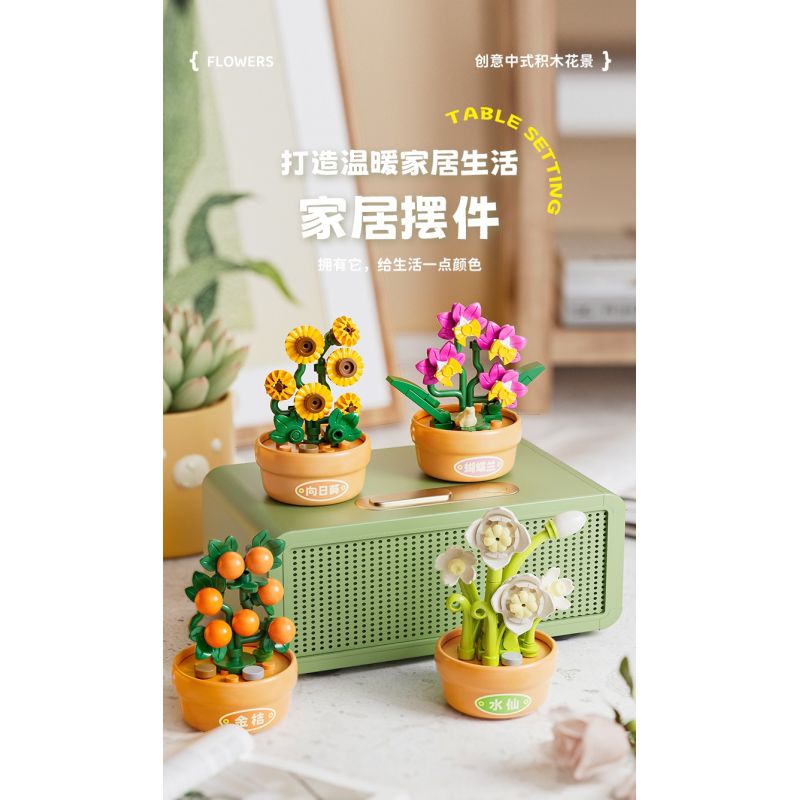 Femibox S5449 Xếp hình lắp ráp ghép mô hình 9 cảnh hoa sáng tạo của Trung Quốc: hoa sen, hoa cúc, hoa thủy tiên, cây thông chào đón, hoa hướng dương, quất, hoa hồng đỏ, hoa mùa đông may mắn, hoa lan hồ điệp