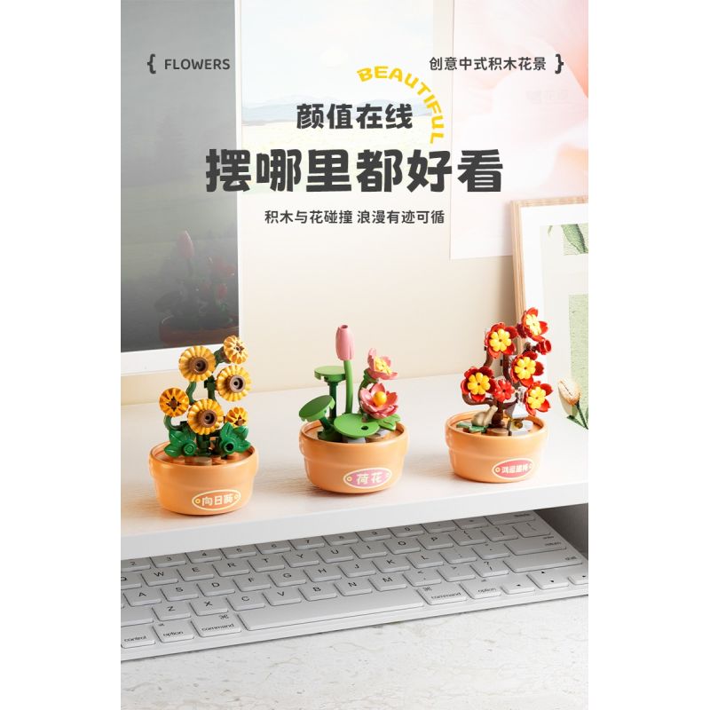 Femibox S5449 Xếp hình lắp ráp ghép mô hình 9 cảnh hoa sáng tạo của Trung Quốc: hoa sen, hoa cúc, hoa thủy tiên, cây thông chào đón, hoa hướng dương, quất, hoa hồng đỏ, hoa mùa đông may mắn, hoa lan hồ điệp