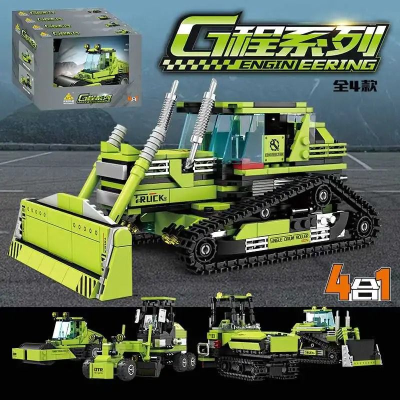 Kazi KY80472 80472 4 LOẠI XE CÔNG TRÌNH MÁY ỦI BỌC THÉP TRẢI NHỰA KÉO SAN LĂN NGANG bộ đồ chơi xếp lắp ráp ghép mô hình City Thành Phố 986 khối