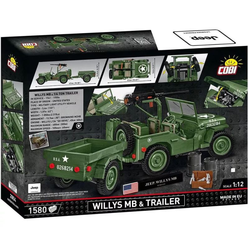 COBI 2804 XE SUV VÀ TRAILER CỦA JEEP WILLYS 1:12 tỷ lệ 1:12 bộ đồ chơi xếp lắp ráp ghép mô hình Creator WILLYS MB & TRAILER - EXECUTIVE EDITION Sáng Tạo 1580 khối