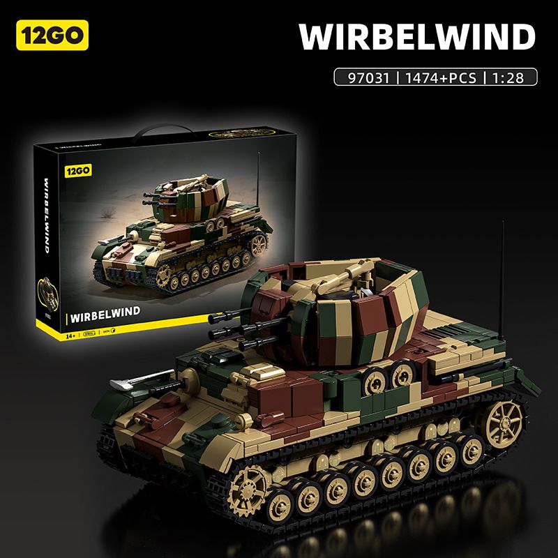 12GO 97031 PHÁO PHÒNG KHÔNG TỰ HÀNH XE TORNADO CỦA ĐỨC 1:28 tỷ lệ 1:28 bộ đồ chơi xếp lắp ráp ghép mô hình Military Army WIRBELWIND FLAKPANZER IV Quân Sự Bộ Đội 1474 khối