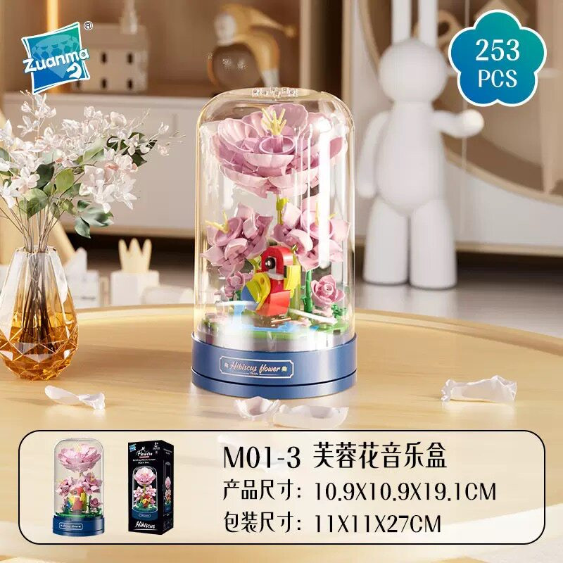 Zuanma M01-3 Xếp hình lắp ráp ghép mô hình hộp nhạc hoa dâm bụt