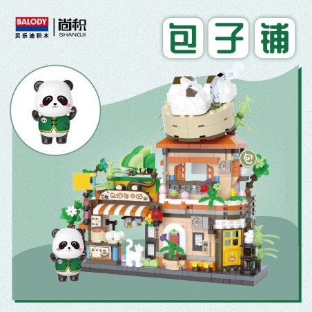 BALODY 16597 Xếp hình lắp ráp ghép mô hình Chế độ xem phố Panda: Cửa hàng Baozi