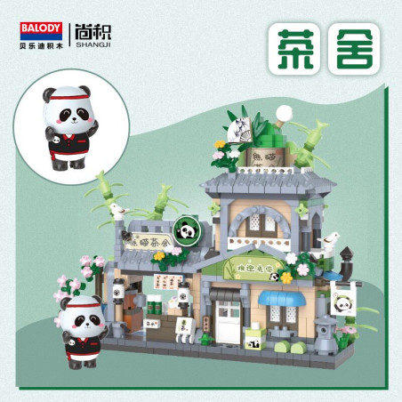 BALODY 16598 Xếp hình lắp ráp ghép mô hình Chế độ xem phố Panda: Quán trà
