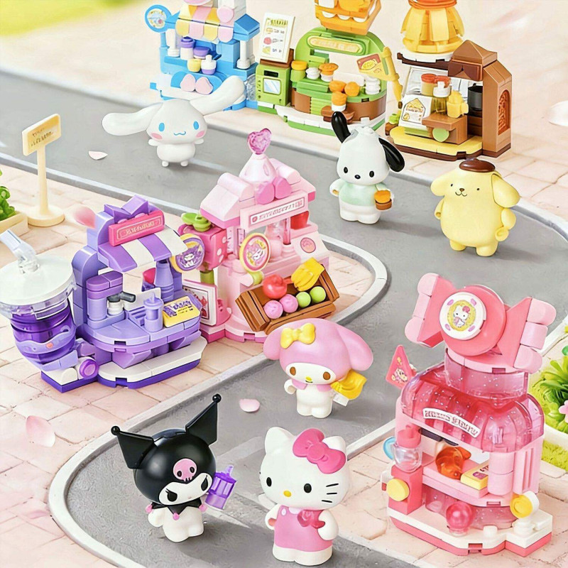Keeppley K20897 Xếp hình lắp ráp ghép mô hình Gia đình Sanrio: Cửa hàng dành cho người sành ăn Hộp mù 6 loại Cửa hàng kẹo Hello Kitty, Cửa hàng trái cây giai điệu, Cửa hàng đồ uống Coolomi, Bánh rán chó tai lớn, Cửa hàng bánh pudding chó Pudding, Cửa hàng bánh chó Pacha