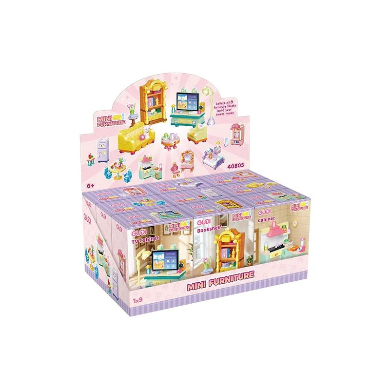 GUDI 40805 Xếp hình lắp ráp ghép mô hình Nội thất mini 9 mẫu Tủ tivi, bàn ăn, tủ quần áo, kệ sách, tủ lạnh, giường, tủ, sofa, bàn trang điểm
