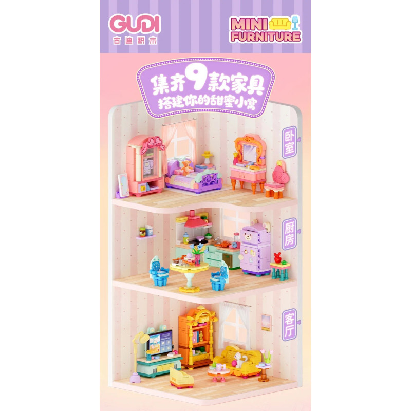 GUDI 40805 Xếp hình lắp ráp ghép mô hình Nội thất mini 9 mẫu Tủ tivi, bàn ăn, tủ quần áo, kệ sách, tủ lạnh, giường, tủ, sofa, bàn trang điểm
