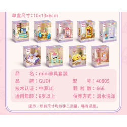GUDI 40805 Xếp hình lắp ráp ghép mô hình Nội thất mini 9 mẫu Tủ tivi, bàn ăn, tủ quần áo, kệ sách, tủ lạnh, giường, tủ, sofa, bàn trang điểm