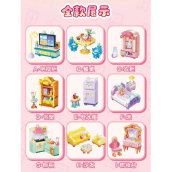 GUDI 40805 Xếp hình lắp ráp ghép mô hình Nội thất mini 9 mẫu Tủ tivi, bàn ăn, tủ quần áo, kệ sách, tủ lạnh, giường, tủ, sofa, bàn trang điểm