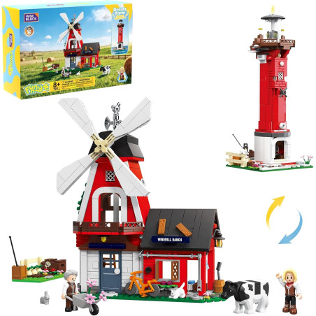 WISE BLOCK AULDEY US386003 Funny：Dream Farm Xếp hình lắp ráp ghép mô hình Hài hước: Nông trại cối xay gió, Ngọn hải đăng 2 trong 1