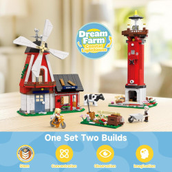 WISE BLOCK AULDEY US386003 Funny：Dream Farm Xếp hình lắp ráp ghép mô hình Hài hước: Nông trại cối xay gió, Ngọn hải đăng 2 trong 1