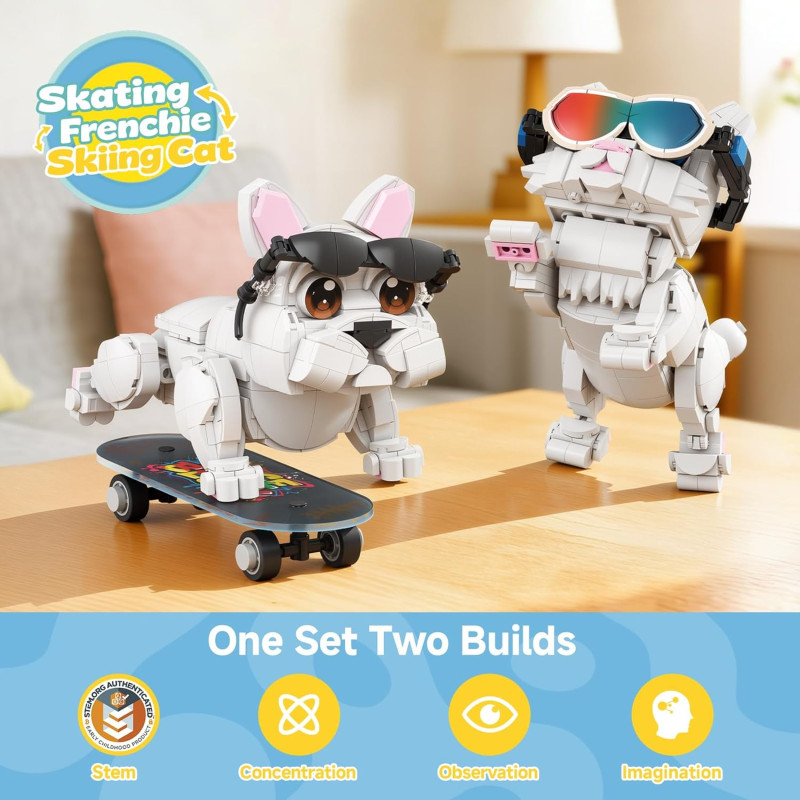 WISE BLOCK AULDEY US386004 Funny：Skating Frenchie & Skiing Cat Xếp hình lắp ráp ghép mô hình Hài hước: Chó bull Pháp trượt ván, mèo trượt tuyết 2 trong 1