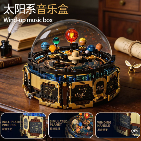 ToubaBamu T1123 Herate Astral Solar System Music Box Xếp hình lắp ráp ghép mô hình Hộp nhạc mạ vàng hệ mặt trời