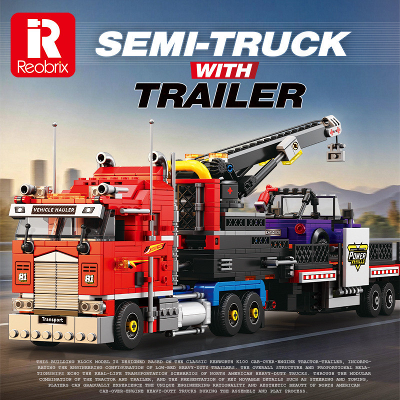 Reobrix 843 Semi-Truck With Trailer Xếp hình lắp ráp ghép mô hình Xe tải hạng nặng đầu phẳng cổ điển Bắc Mỹ