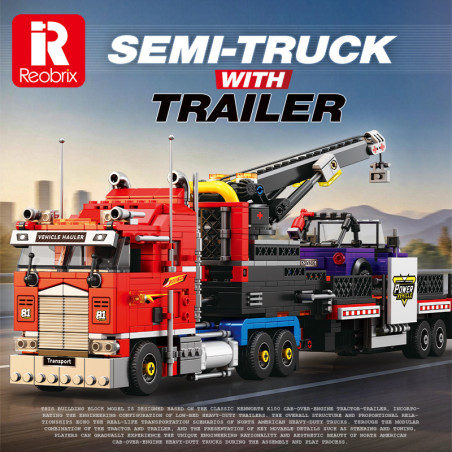 Reobrix 843 Semi-Truck With Trailer Xếp hình lắp ráp ghép mô hình Xe tải hạng nặng đầu phẳng cổ điển Bắc Mỹ