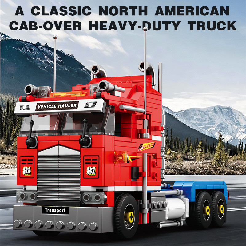 Reobrix 843 Semi-Truck With Trailer Xếp hình lắp ráp ghép mô hình Xe tải hạng nặng đầu phẳng cổ điển Bắc Mỹ