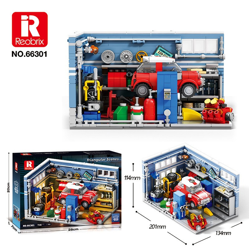 Reobrix 66301 Auto Repair Shop Xếp hình lắp ráp ghép mô hình Cảnh tam giác: Cửa hàng sửa chữa ô tô