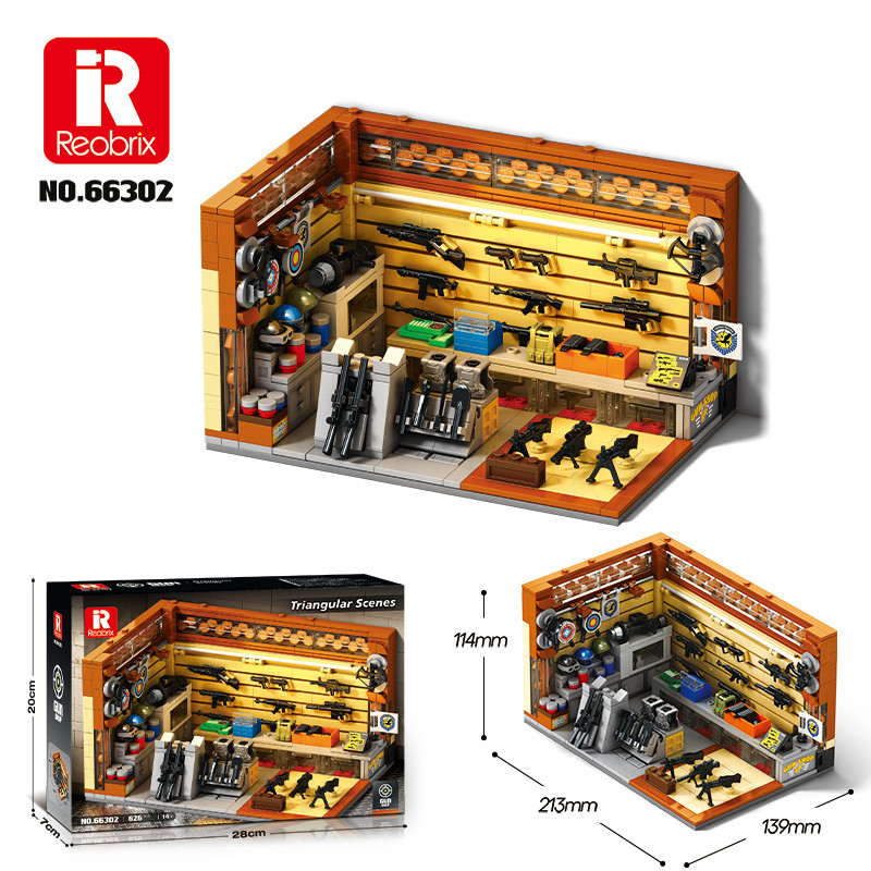 Reobrix 66302 GunShop Xếp hình lắp ráp ghép mô hình Cảnh tam giác: Cửa hàng vũ khí Mỹ