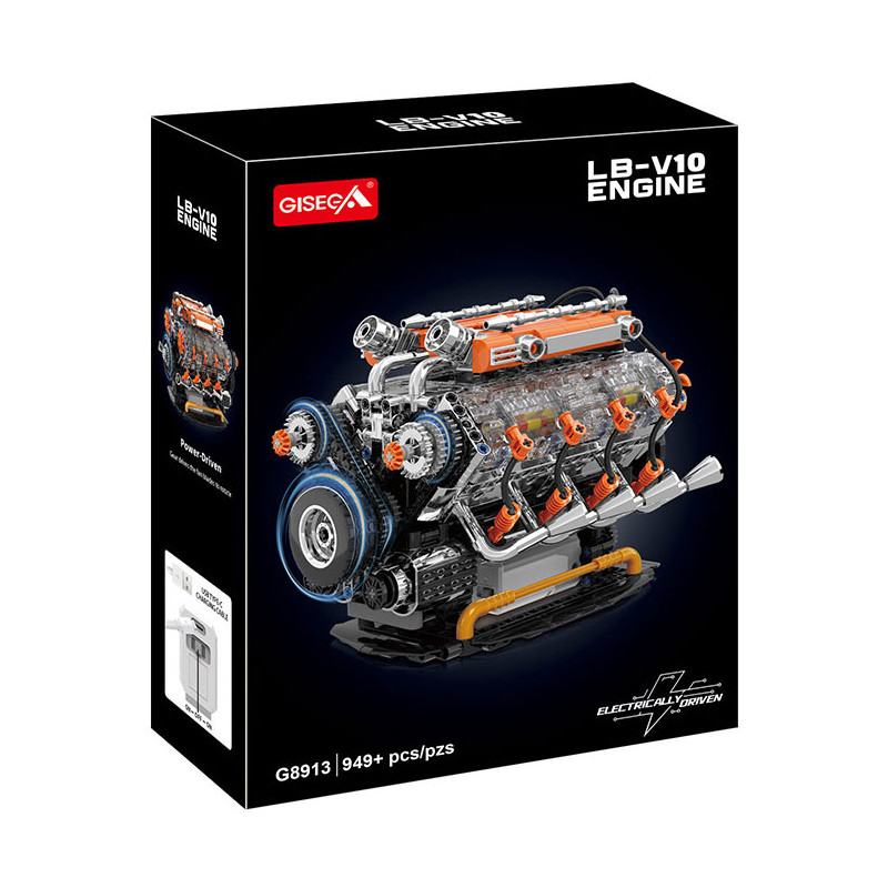 Vỏ hộp GISEGA G8913 LB-V10 Engine màu đen, in hình động cơ V10 với khối xy-lanh trong và nắp cam màu cam