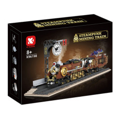 Hộp KAIYU K96198 in hình đầu máy steampunk nâu đồng, bánh răng vàng, cột đồng hồ ga và toa quặng xanh.