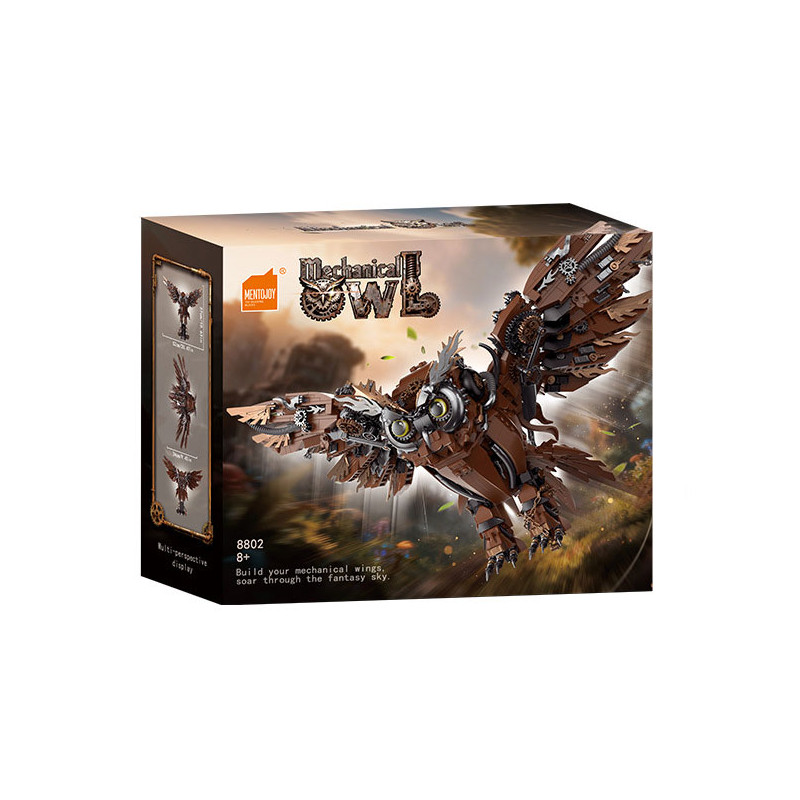 Vỏ hộp Mentojoy 8802 Mechanical Owl in hình chú cú máy sải cánh trên nền trời hoàng hôn, kèm gợi ý ba tư thế trưng bày