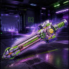 Toàn cảnh ZiXiao Light Sword Beauty And 13160, tay cầm sọc xanh, lưỡi xích bạc tím nổi bật trên nền thành phố tương lai