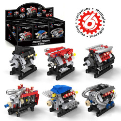 Hộp trưng bày KAIXING K96267 kèm 6 mô hình động cơ mini màu đỏ, xanh, đen đặt phía trước
