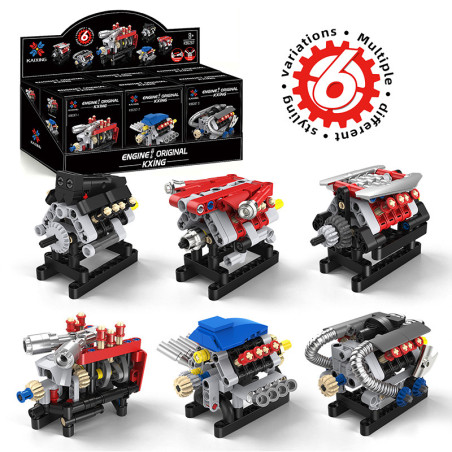 Hộp trưng bày KAIXING K96267 kèm 6 mô hình động cơ mini màu đỏ, xanh, đen đặt phía trước