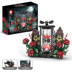 Vỏ hộp KAIYU K96297 bên cạnh mô hình đồng hồ cát hoa hồng Gothic đã lắp xong, kèm ảnh gạch rời và sách hướng dẫn
