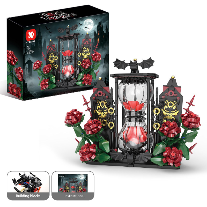 Vỏ hộp KAIYU K96297 bên cạnh mô hình đồng hồ cát hoa hồng Gothic đã lắp xong, kèm ảnh gạch rời và sách hướng dẫn
