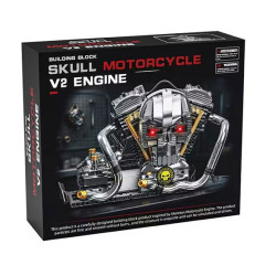 Vỏ hộp GOQI GQ-3713 Skull Motorcycle V2 Engine với mô hình động cơ đầu lâu sắc bạc, mắt đỏ và ống xả uốn cong