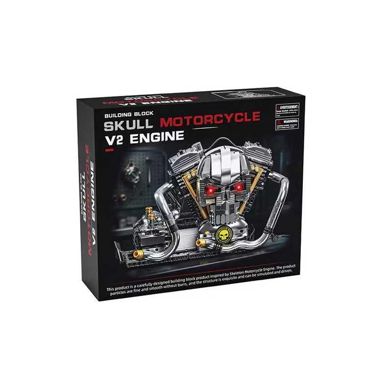 Vỏ hộp GOQI GQ-3713 Skull Motorcycle V2 Engine với mô hình động cơ đầu lâu sắc bạc, mắt đỏ và ống xả uốn cong