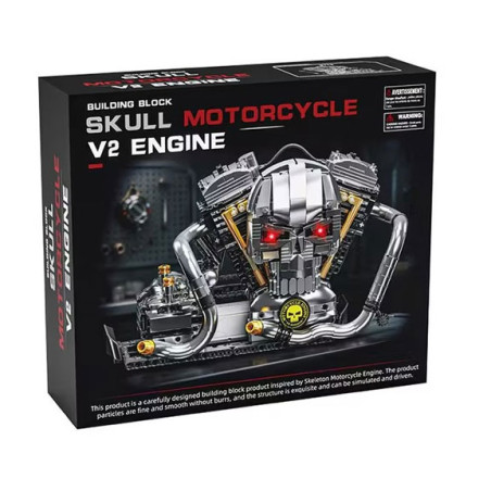 Vỏ hộp GOQI GQ-3713 Skull Motorcycle V2 Engine với mô hình động cơ đầu lâu sắc bạc, mắt đỏ và ống xả uốn cong
