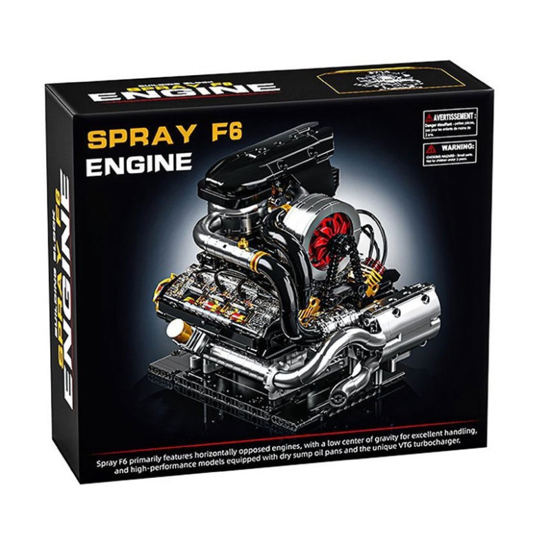 Vỏ hộp GOQI GQ-3714 Spray F6 Engine in mô hình động cơ F6 màu bạc đen, nổi bật cánh turbo đỏ và dàn ống xả