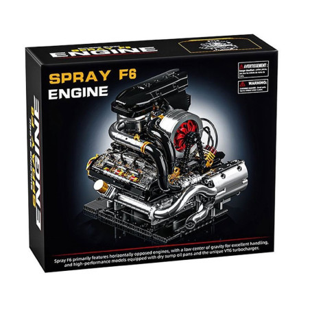 Vỏ hộp GOQI GQ-3714 Spray F6 Engine in mô hình động cơ F6 màu bạc đen, nổi bật cánh turbo đỏ và dàn ống xả