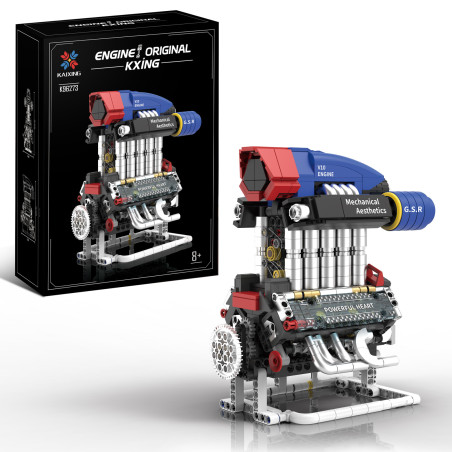 Hộp đen và mô hình động cơ V10 KAIYU K96273 lắp hoàn chỉnh, nắp máy xanh dương, nắp van đỏ, cụm xy-lanh bạc trên đế trắng