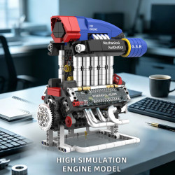 Động cơ V10 KAIYU K96273 bày trên bàn làm việc cạnh bàn phím, bút và cốc cà phê, đế khung trắng đỡ chắc chắn