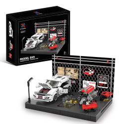 KAIYU K96272 – Honda Civic Type-R EK9 trắng trong gara có hàng rào lưới thép, động cơ đỏ và bơm hơi đỏ trên đế xám